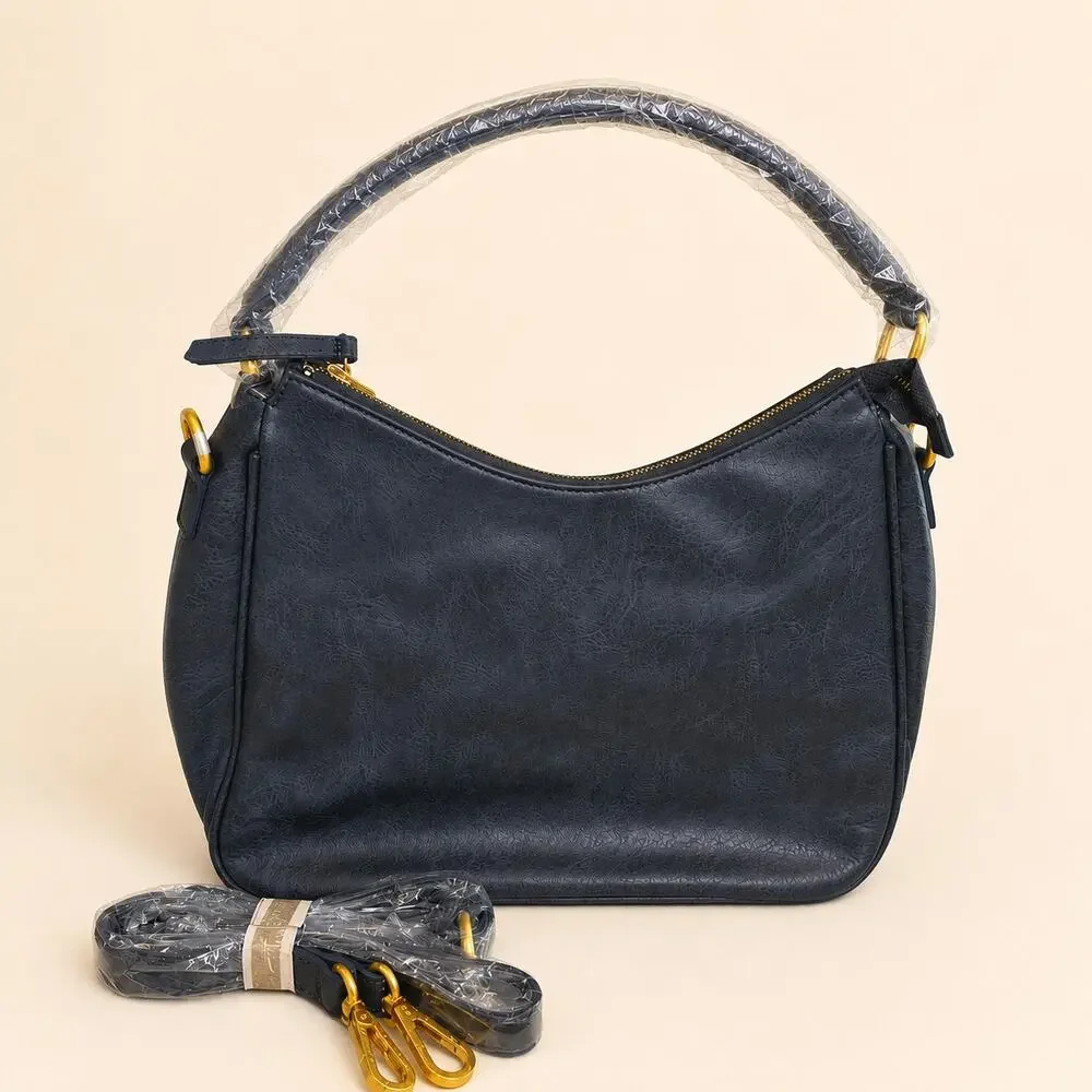 Fawn Vegan Leather Blue Slouch Tote Shoulder Crossbody Weekend Casual Bag NWT